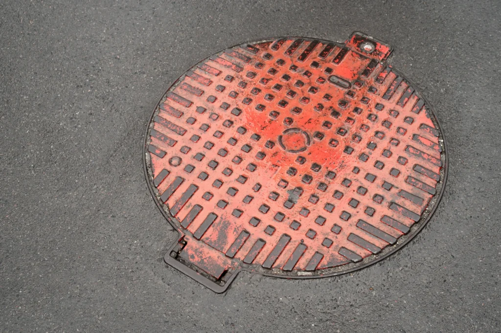 Red round manhole cover on asphalt surface during catch basin repair project