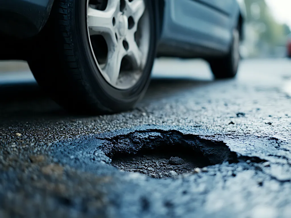 Close-up of a car wheel next to a pothole in damaged asphalt on a city street, showing surface wear that requires asphalt repair.