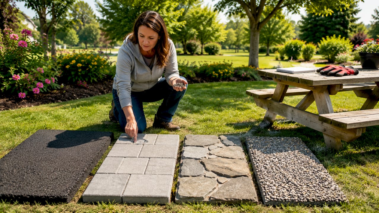 Woman comparing walkway material samples outdoors