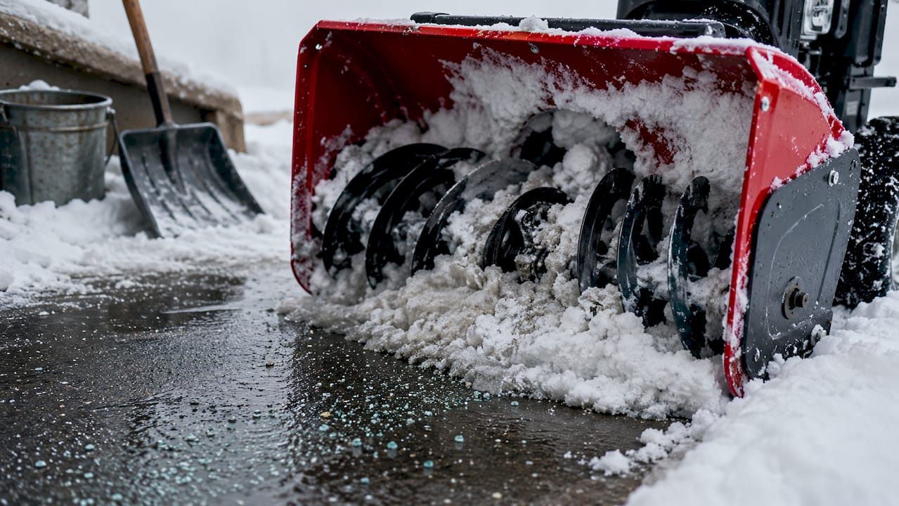 Close-up of snow removal machine on concrete driveway