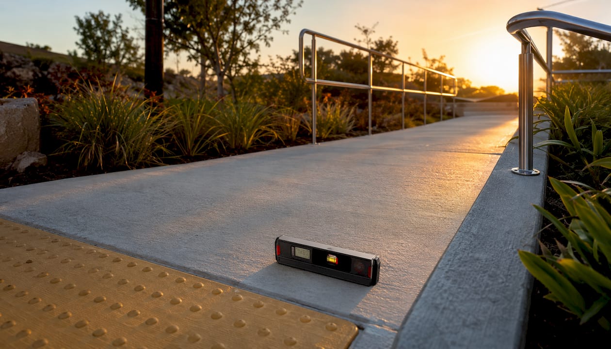 Accessible walkway with slope gauge and tactile warning