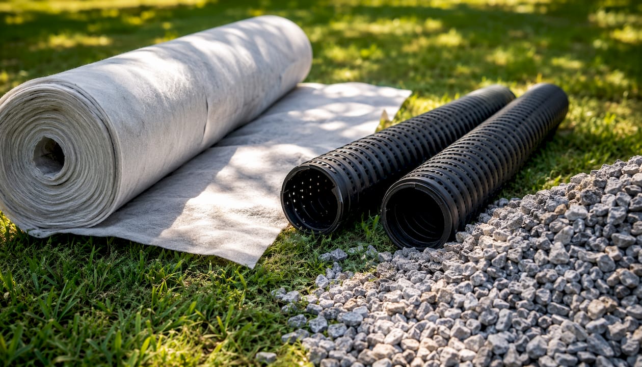 Subsurface drainage system components outdoors on pavement