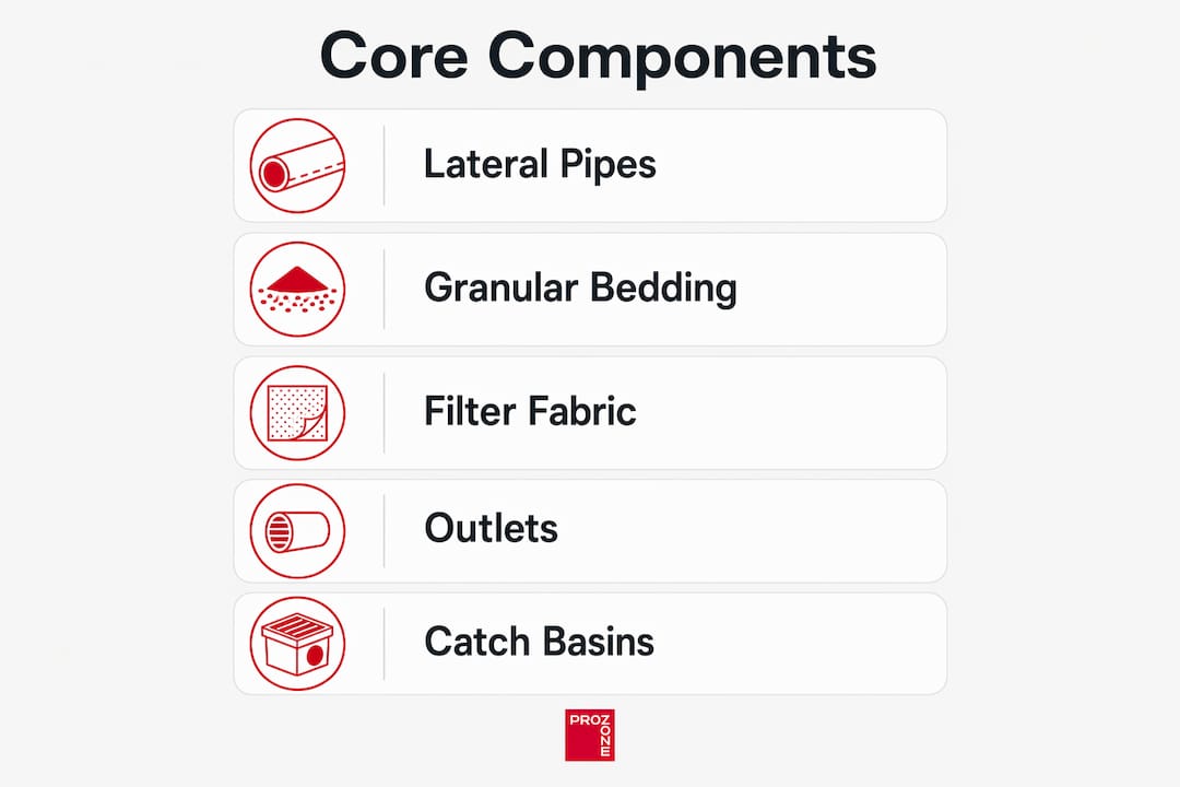 Infographic illustrating core components of subsurface drainage system