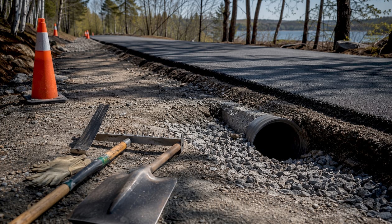 Road maintenance site with drainage repair