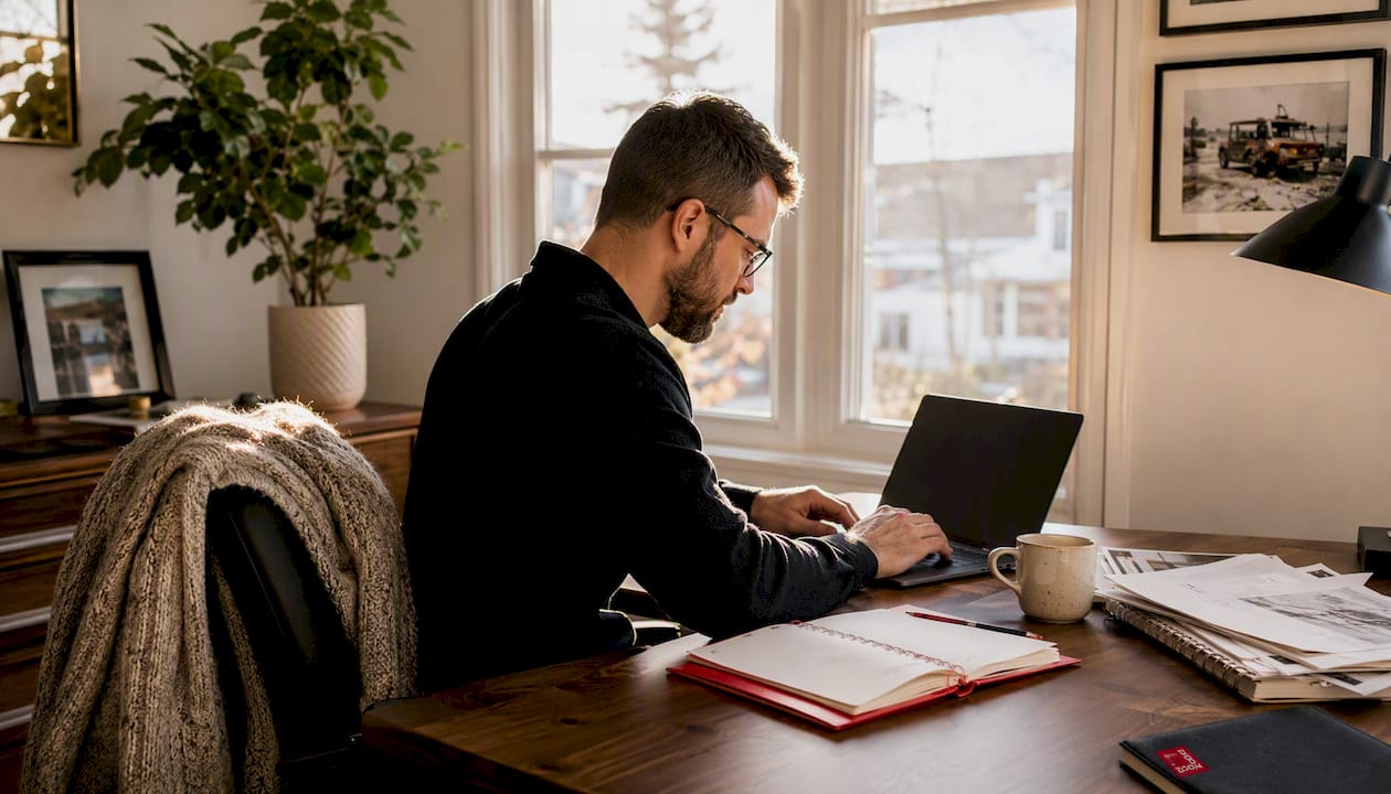 Hands typing on laptop in bright home office