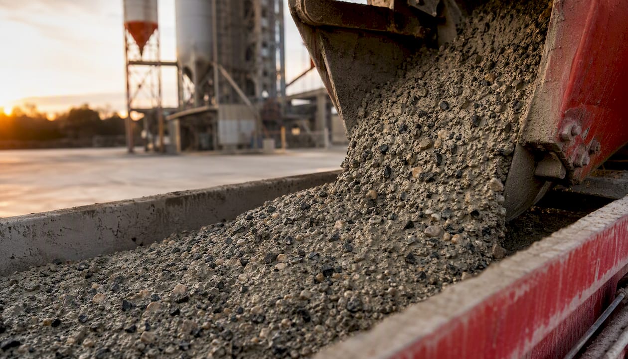 Wet slag and fly ash concrete mix at truck chute