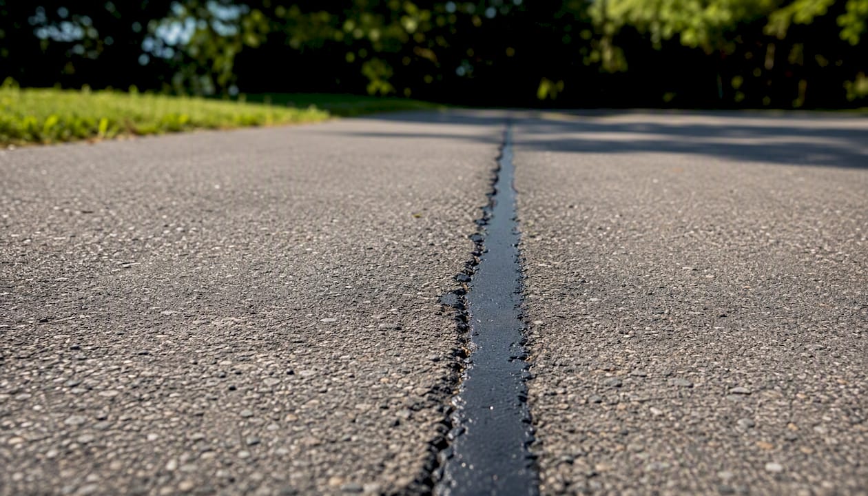 Rout-and-seal asphalt crack close-up