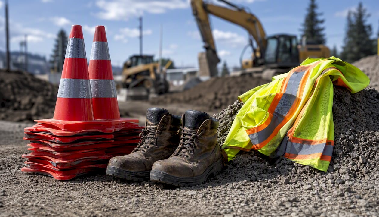 Construction safety gear on site ground