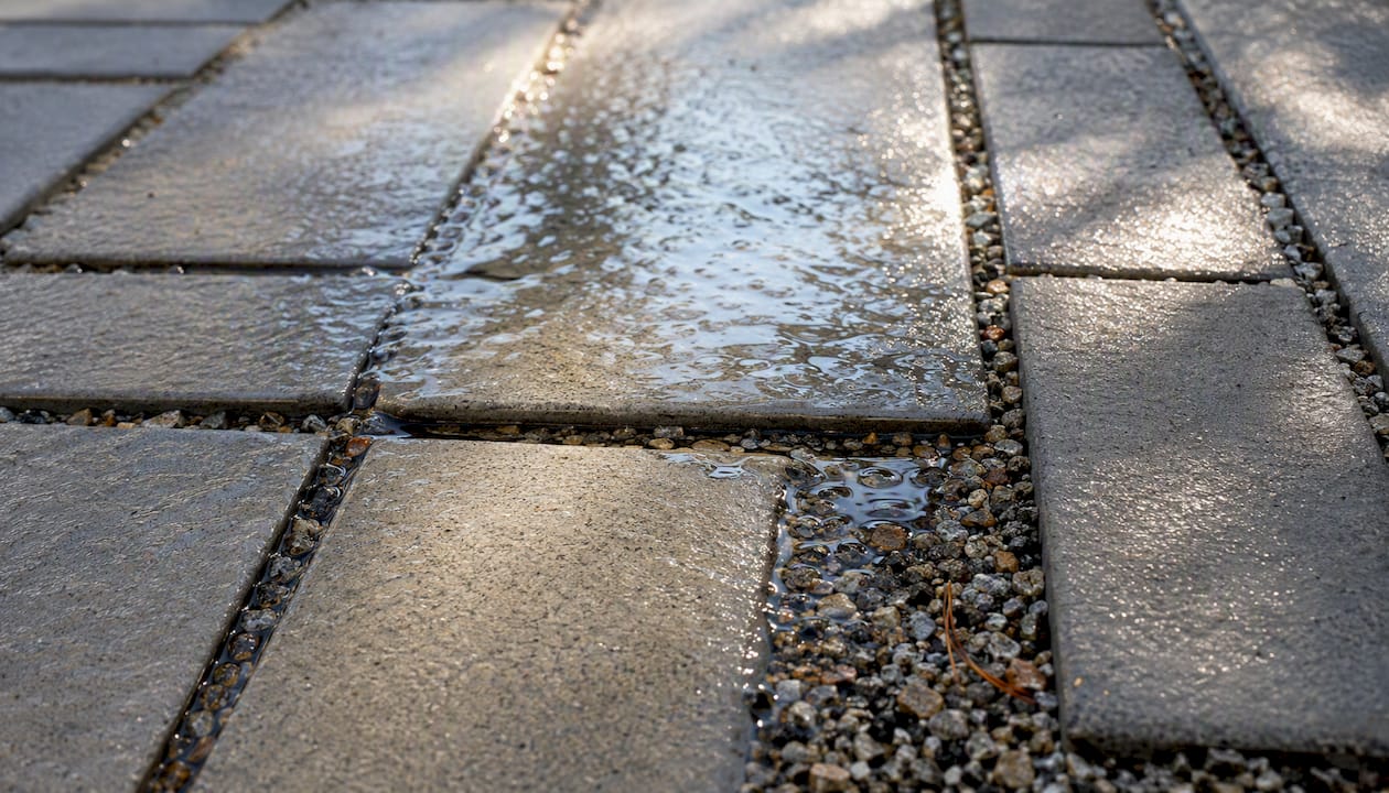 Rainwater infiltrating permeable pavement surface