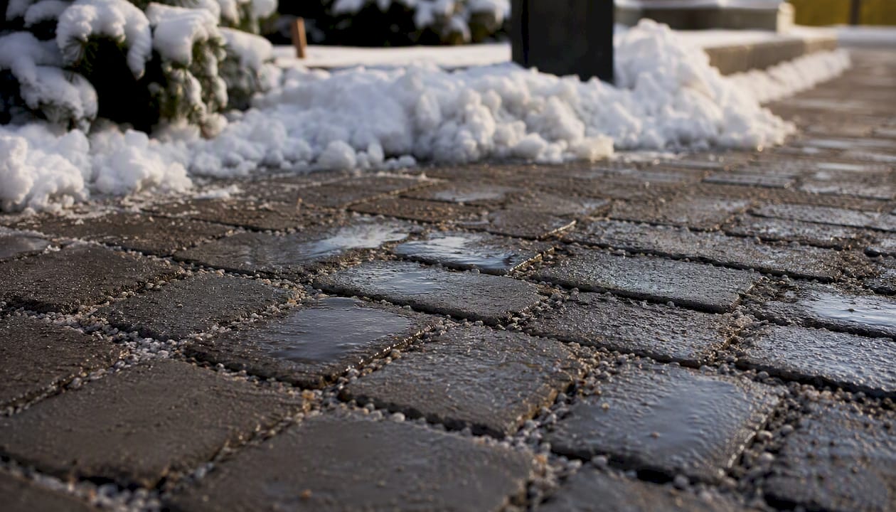 Winter scene of permeable pavement melting ice