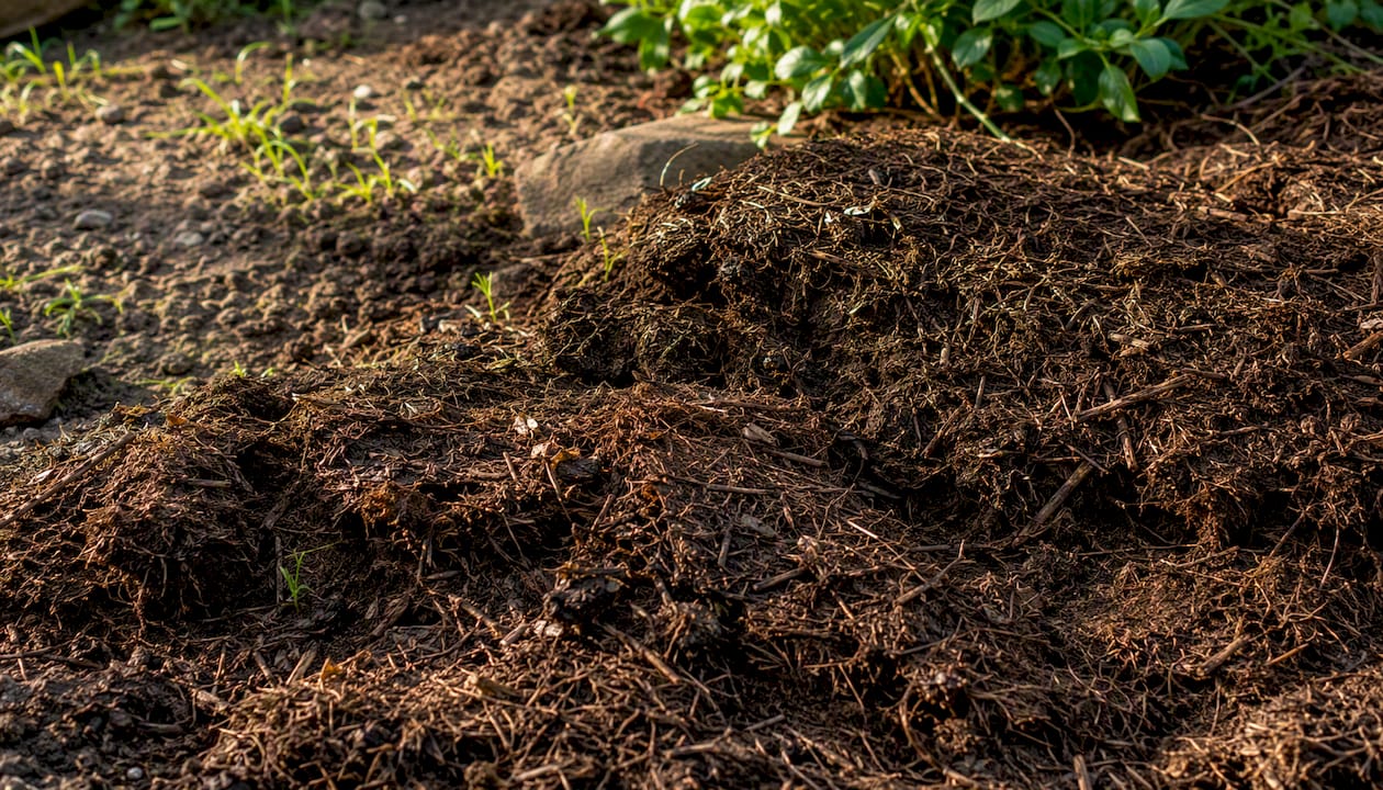 Compacted mulch mat on soil being loosened