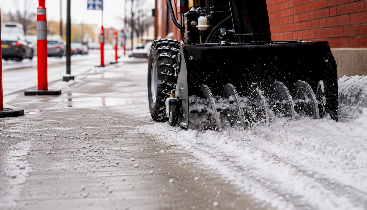 Professional snow removal equipment clearing sidewalk