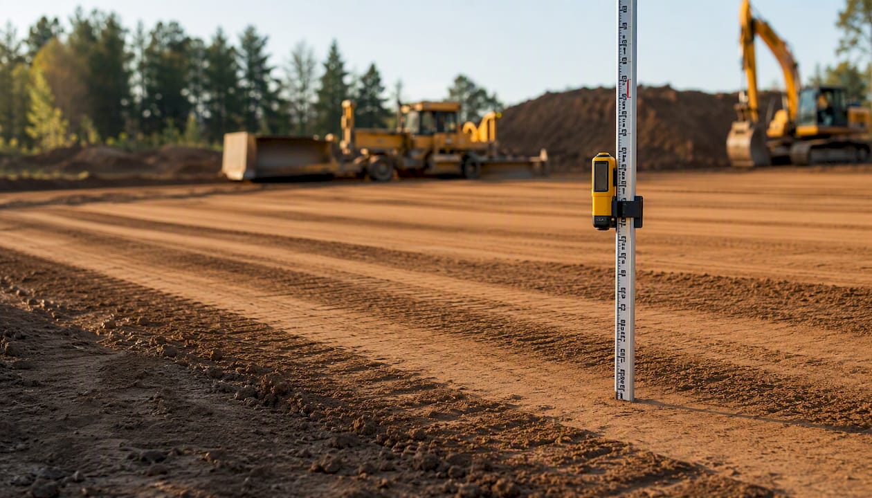 Smooth leveled soil surface with laser level rod