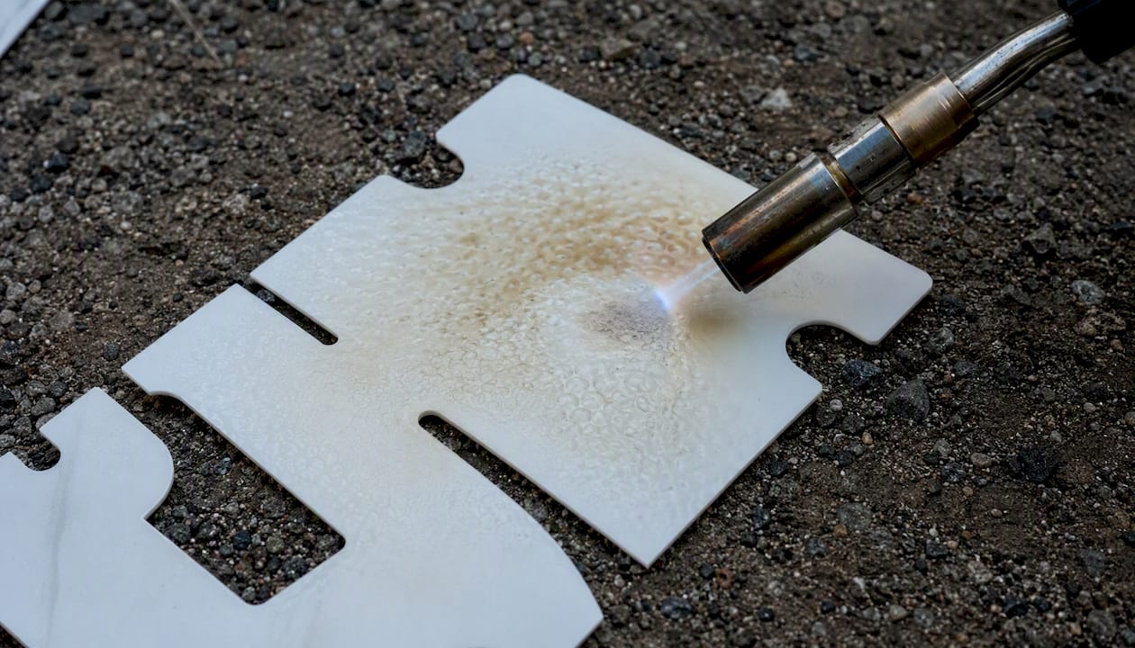 Propane torch heating thermoplastic symbol on asphalt
