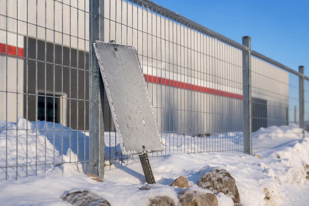 Blank metal signpost in snowy commercial lot