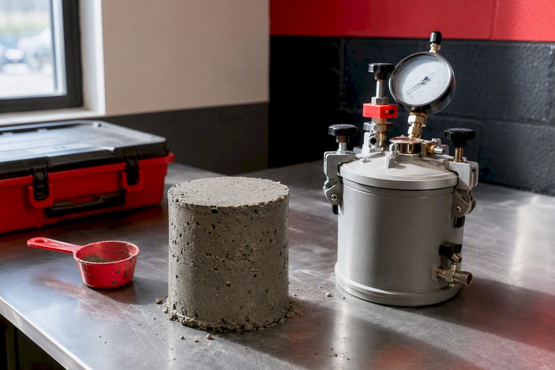 Concrete sample beside air content meter