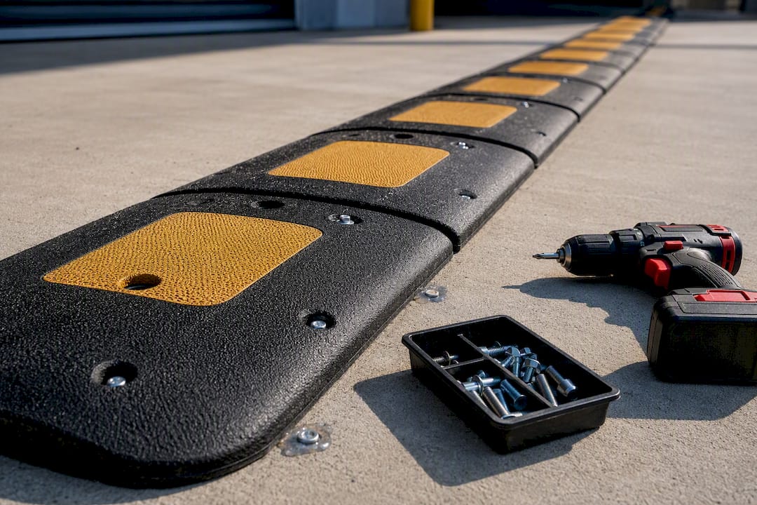 Bolt-down rubber speed bump anchors on pavement