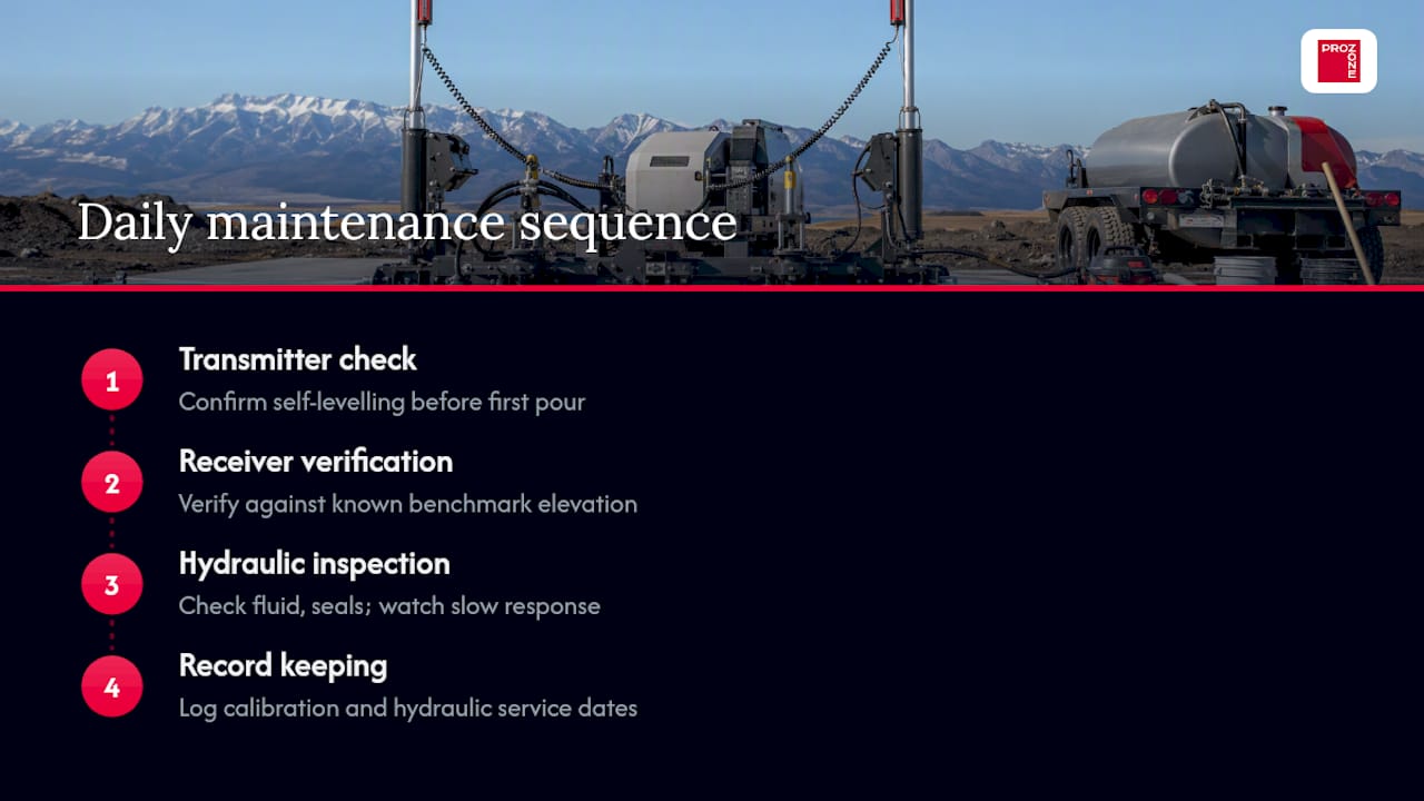Laser screed calibration and maintenance sequence