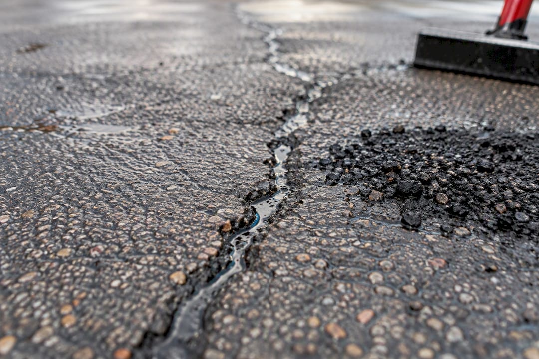 Damp asphalt crack after spring thaw