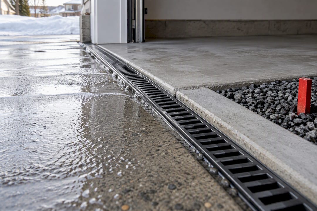 Trench drain collecting water at garage threshold