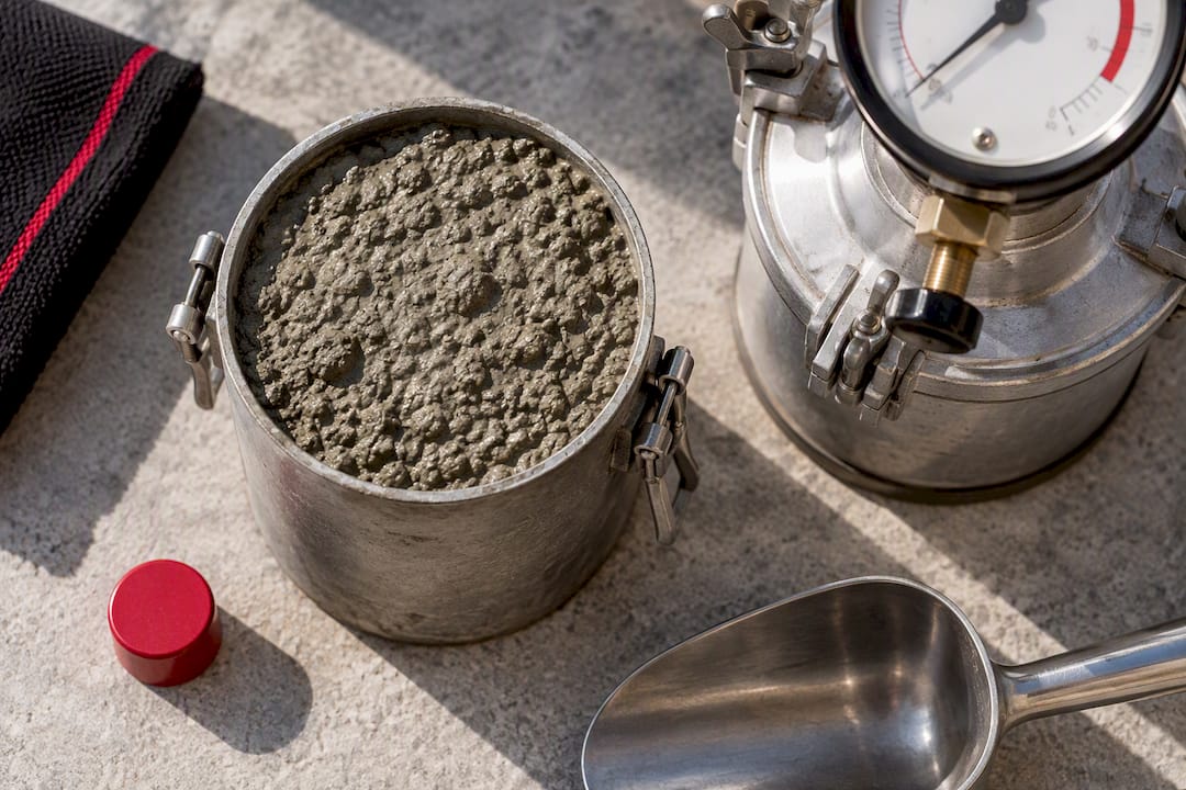 Concrete sample beside air entrainment testing meter